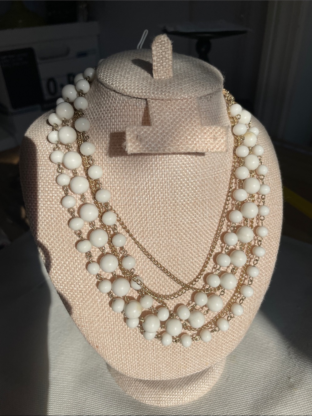 Vintage Multi Strand White Bead snd chain with intricate ends and hook closure